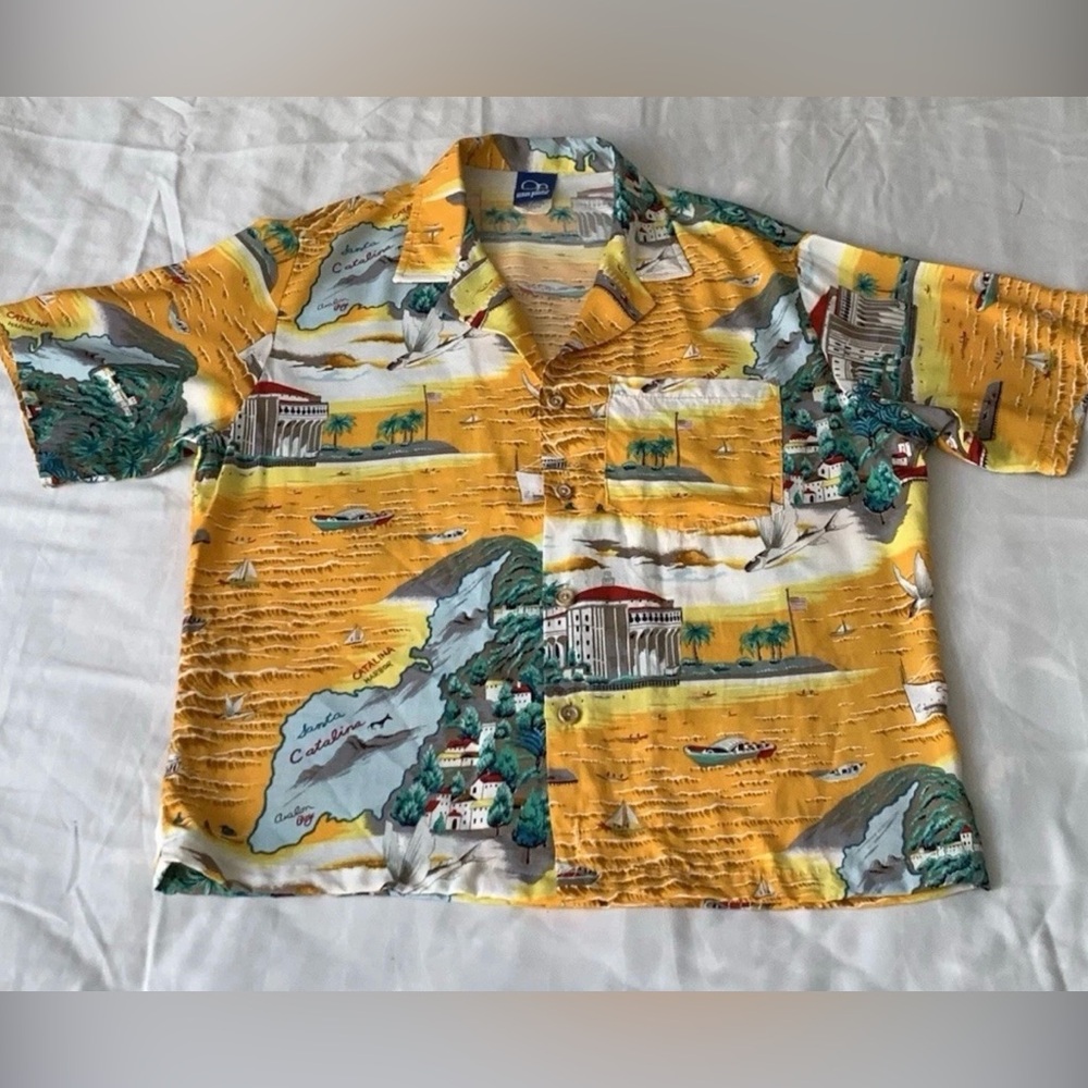 Vtg OP Ocean Pacific Santa Catalina California Island Button Hawaiian Shirt S/M